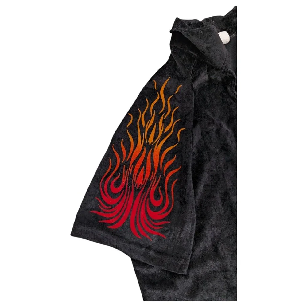 Vintage Y2K Crushed Velvet Button‎ Down Flame Shirt Size Medium